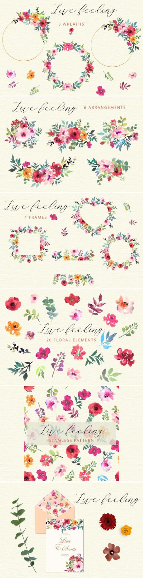 Live Feeling Floral Elements, Wreaths, Frames, And Cards Pack Live Feeling Floral Elements, Wreaths, Frames, And Cards Pack