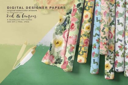 Red and Lemon Watercolor Floral Digital Paper Collection