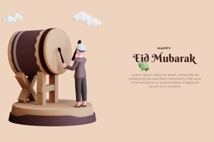Eid Mubarak banner template with 3d character and drum in brown suits Premium Psd