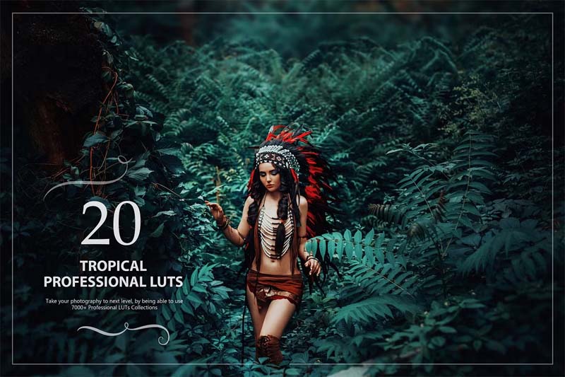 20 Tropical LUTs Pack preview showing cinematic warm tones for photos and videos