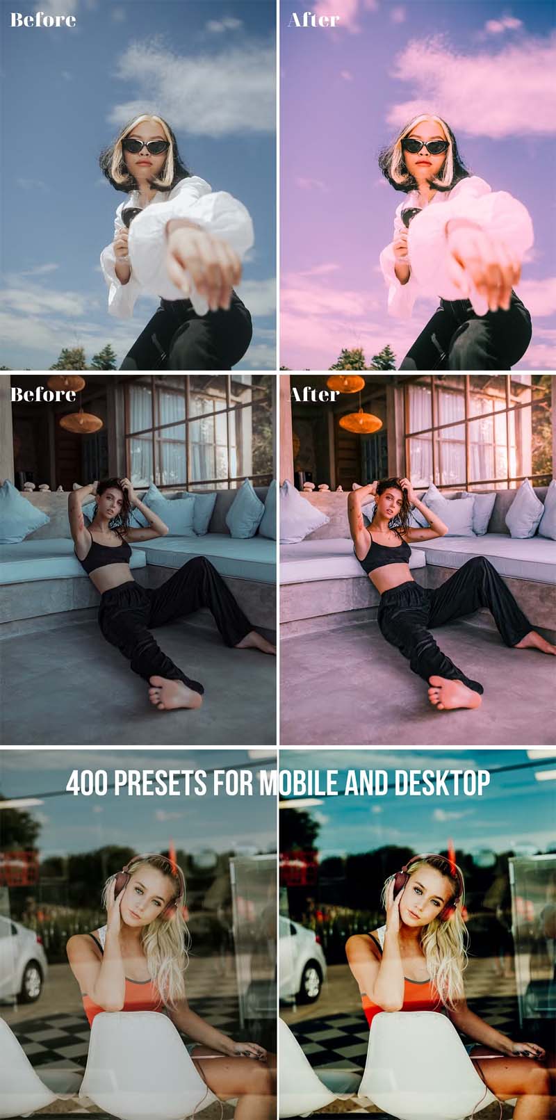 400 Lightroom Presets Bundle Free Download preview showing Lightroom before after effects