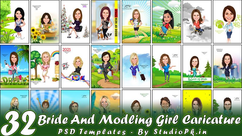 32 Bride And Modeling Girl Caricature PSD Templates