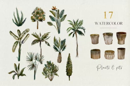 17 Tropical Plants and Pots Watercolor Set
