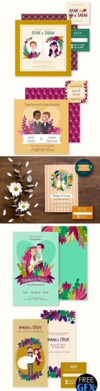 09 Colorful Hand Drawn Wedding Stationery Vector Templates