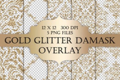 Gold Glitter Damask Digital Overlays