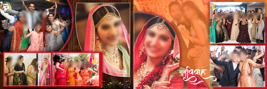 Bride and group photos collage 12x36 PSD template with elegant frames