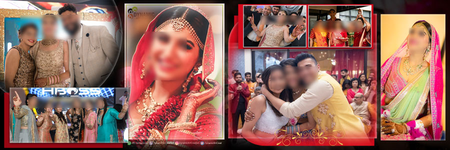 Vibrant Indian wedding album PSD 12x36 showing group dances and couple poses