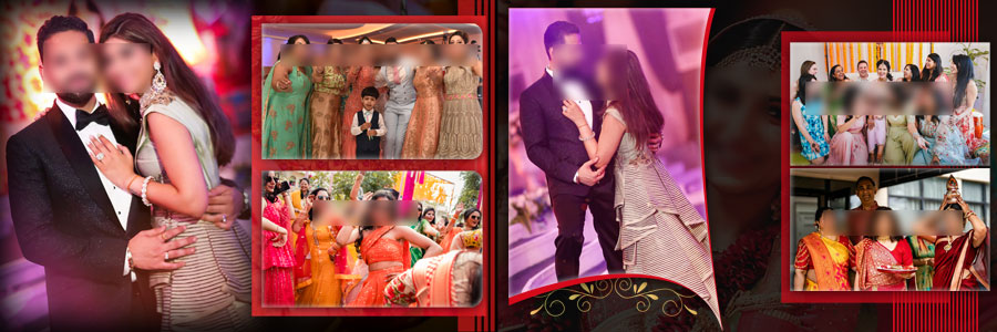 Couple portraits and candid wedding moments in Indian wedding album PSD 12x36