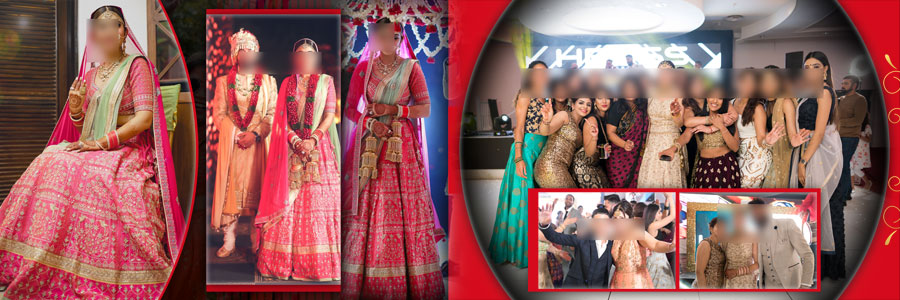 Bride seated portrait and group celebration spread in 12x36 album PSD