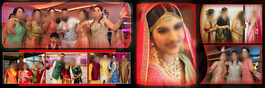 Indian wedding collage layout 12x36 PSD showing bride, groom and family moments
