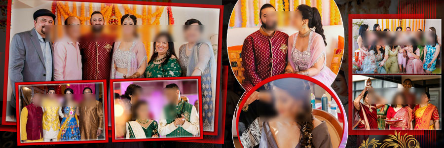 Collage style 12x36 wedding album PSD with close-up couple portrait and group shots