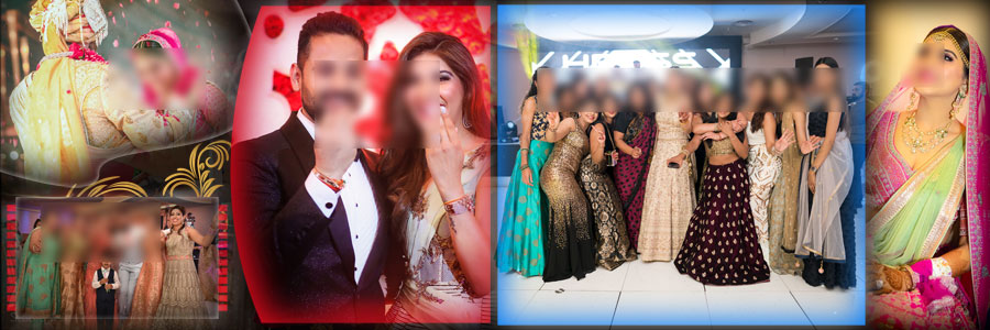 12x36 Indian wedding album design PSD featuring couple portrait and bridal party