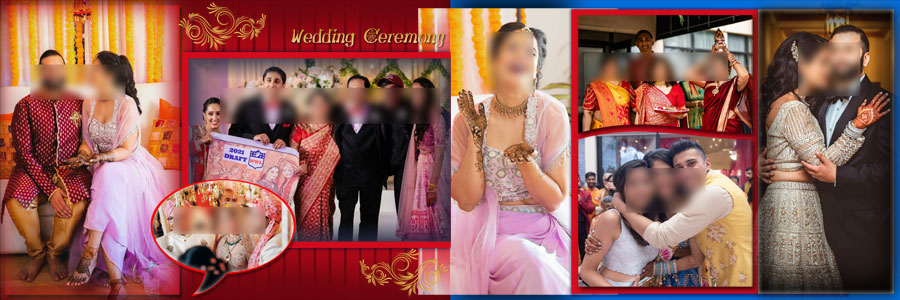 Wedding ceremony spread 12x36 PSD template with bride portraits and family group
