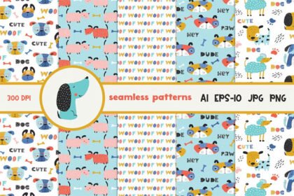 Set of Childish Seamless Pattern with Funny Dogs