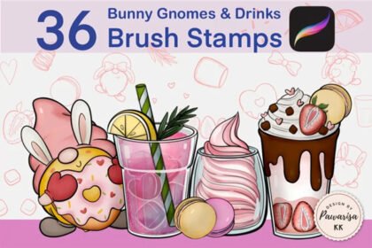 36 Procreate Stamp Bunny Gnome & Drinks