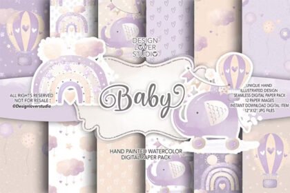 Baby Digital Paper Pack Purple Beige