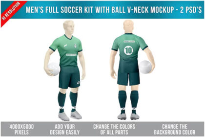 Men's Complete Soccer Kit With Ball Mockup V-Neck