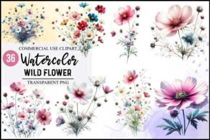 36 Watercolor Wildflowers Clipart