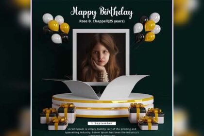 Birthday Photo Frame PSD Mockup With Gift & Balloons