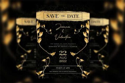 Elegant Floral Black and Gold Wedding Invitation Flyer Template