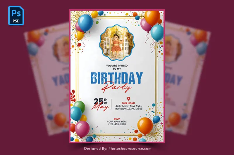 Cute Kid Photo Birthday Party Invitation Template PSD