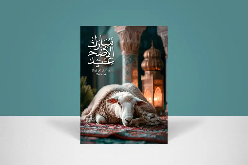 Eid al Adha Poster with Cute Sheep Smiling at Mosque & Moon