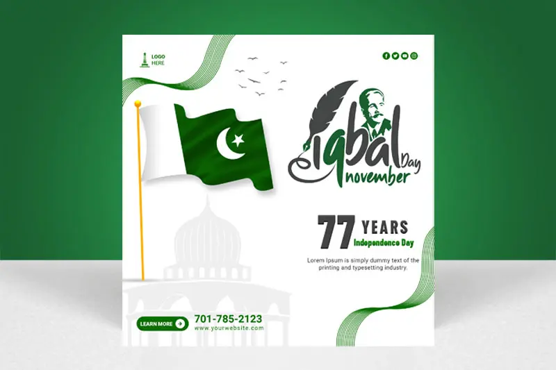 Allama Iqbal Day Instagram Post PSD Template with Pakistan Flag