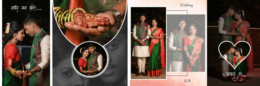 12x36 PSD wedding album spread - bride in green saree and groom in cream kurta, collage with henna close-up