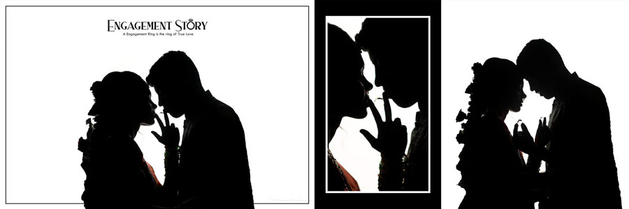 12x36 PSD silhouette engagement spread - black and white silhouette panels with 'Engagement Story' layout