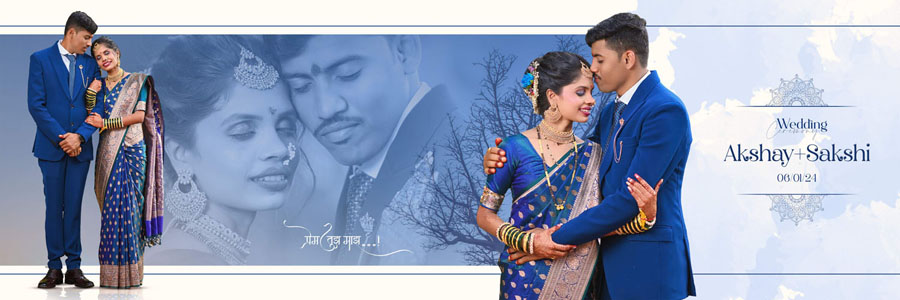 12x36 PSD wedding cover-style spread - blue theme with couple and 'Akshay + Sakshi' title