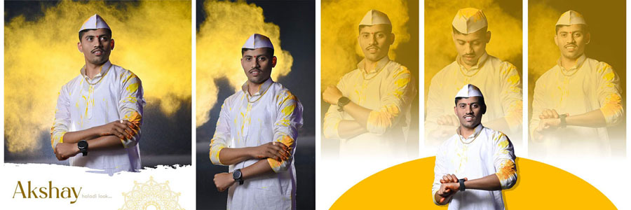 12x36 PSD groom haldi look - yellow powder background and multiple portrait panels