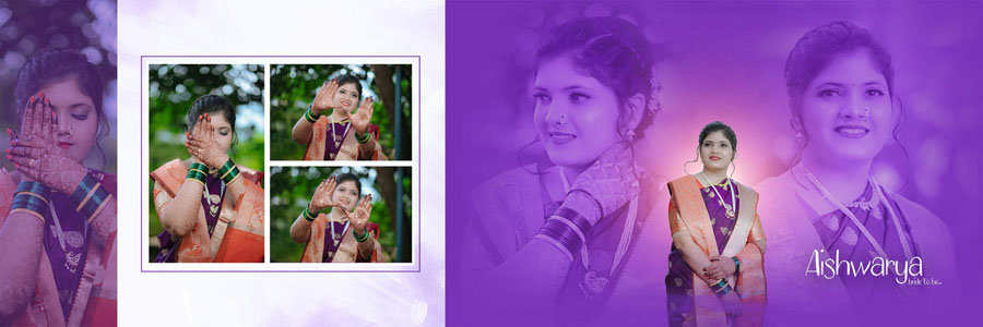 12x36 PSD purple bridal spread - montage of bridal poses and hand-closeups