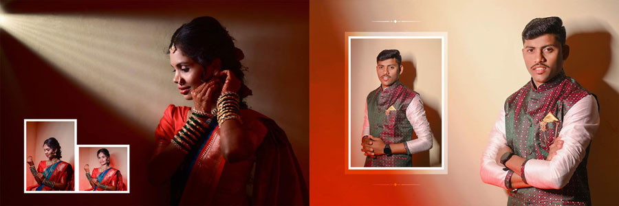 12x36 PSD split portrait spread - dramatic lighting, bride left and groom studio portraits right