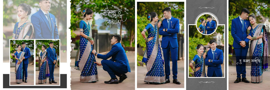 12x36 PSD wedding album spread - bride in blue saree and groom in blue suit, proposal pose with triptych layout