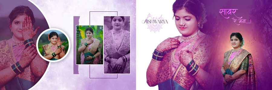12x36 PSD bridal spread - pink purple background, bride portrait and soft vignette design