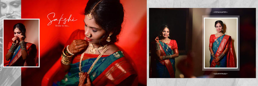 12x36 PSD bridal portrait layout - close-up of bride in red saree with framed inset photos