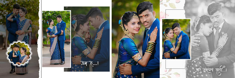 12x36 PSD collage - outdoor couple in blue saree and suit with multiple framed photos