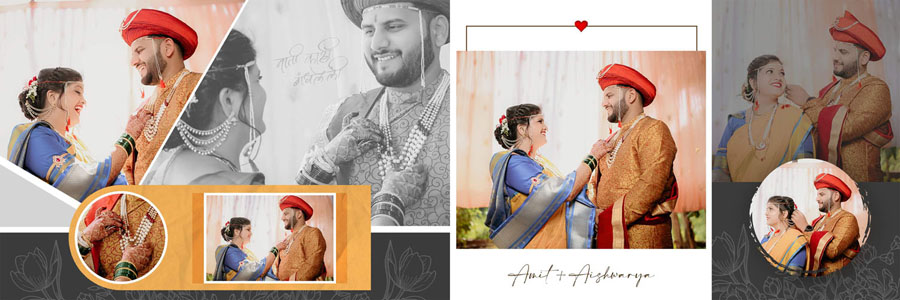 Elegant Marathi wedding album PSD template with a golden border and multiple photo frames for traditional ceremonies