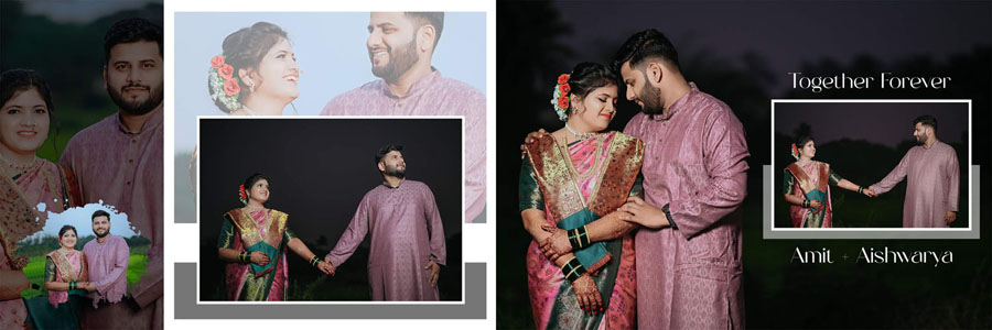 Professional Marathi album design with neutral beige background and multiple aligned photo slots