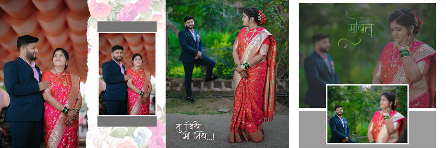 Creative Marathi wedding layout with heart-shaped collage element and soft pink color scheme