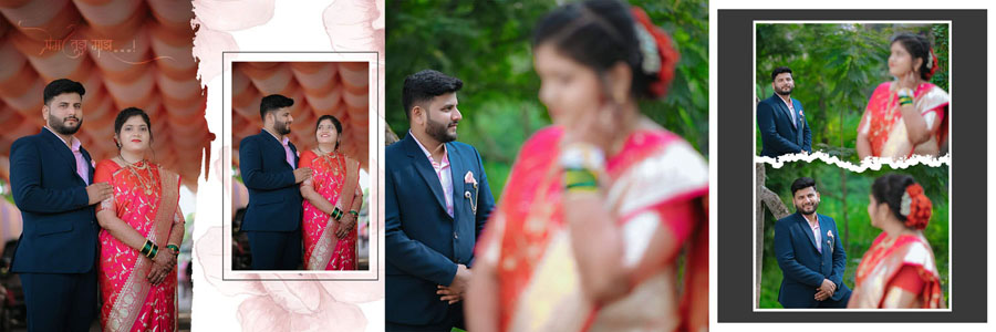 Diagonal split layout Marathi album design combining solid color with textured background