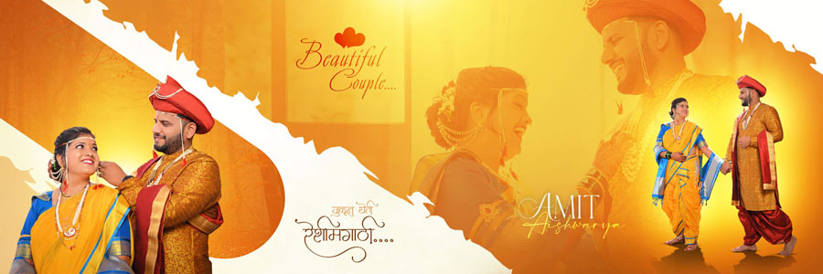 Creative Marathi wedding album design with a soft pink background and floral motifs for couple portraits