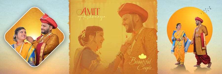 Premium Marathi wedding PSD template with dark background and golden decorative elements for highlight photos