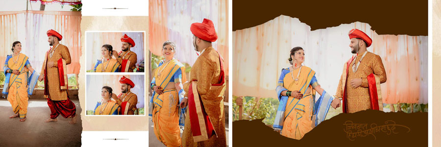 Vibrant Marathi album design with orange and yellow background inspired by traditional wedding colors