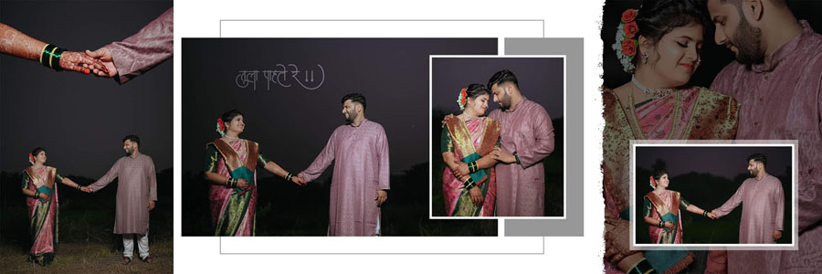 Dual-tone blue Marathi album layout with elegant white floral overlays and modern design