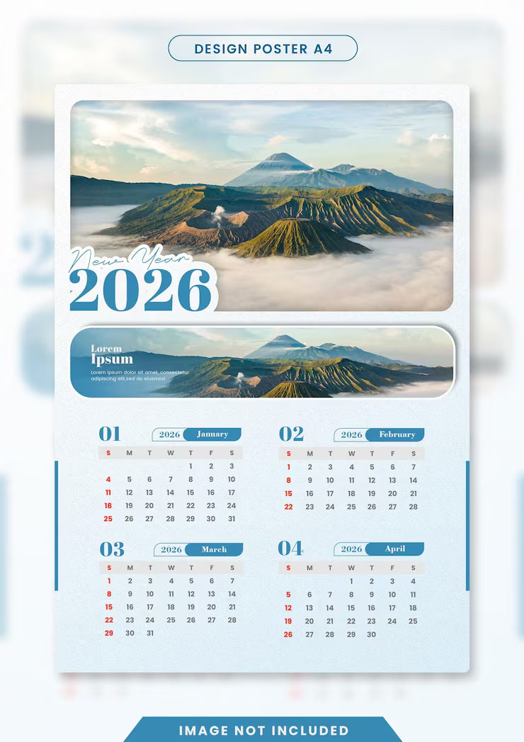 A4 Printable 2026 Calendar Layout with Blue Accents