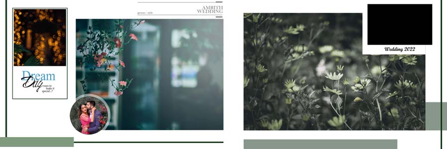 Cinematic wedding album design 12x36 PSD with couple portrait layout