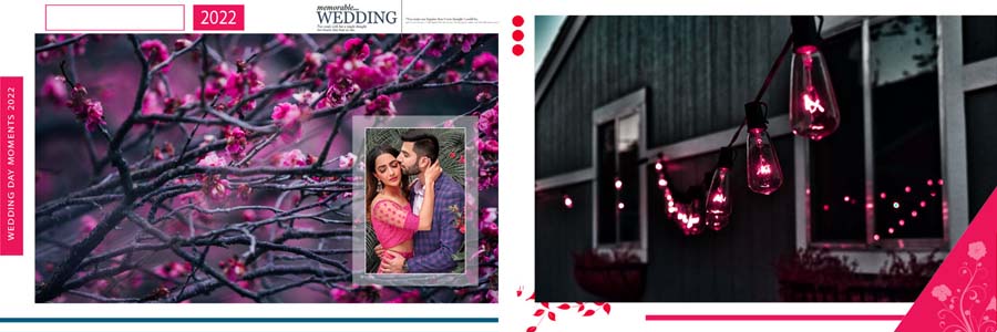 Cinematic wedding album layout 12x36 PSD with couple photos