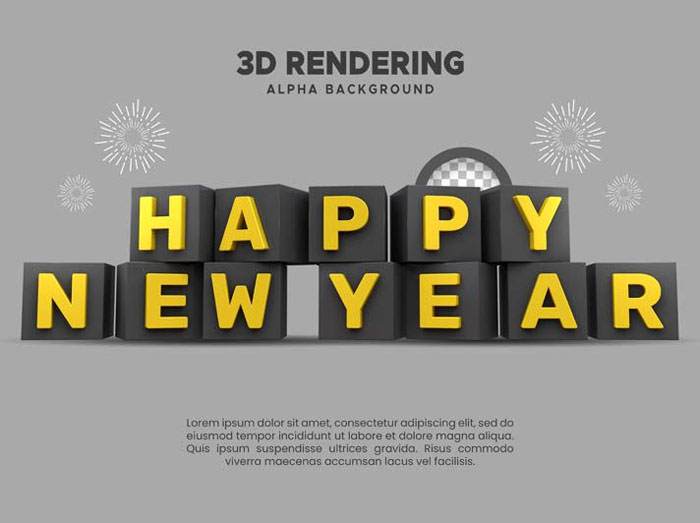 Free 3D Rendering Happy New Year Gold Black Blocks Design