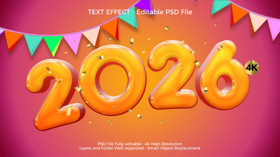 Free Glossy Orange 3D 2026 Number Design with Flags PSD